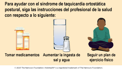 Para ayudar con el síndrome de taquicardia ortostática postural, siga las instrucciones del profesional de la salud con respecto a lo siguiente: Tomar medicamentos, aumentar la ingesta de sal y agua, seguir un plan de ejercicio físico.
