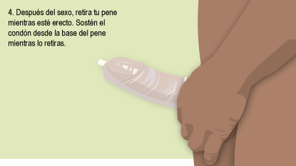 Después del sexo, retira tu pene mientras esté erecto. Sostén el condón desde la base del pene mientras lo retiras.