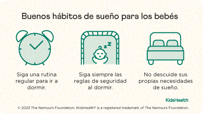 Buenos hábitos de sueño para los bebés. Mantenga una rutina. Siga siempre las reglas de seguridad al dormir. No descuide sus propias necesidades de sueño.